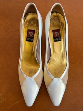 Vintage Anne Klein White Leather & Sheer Mesh Pointed Toe Pumps